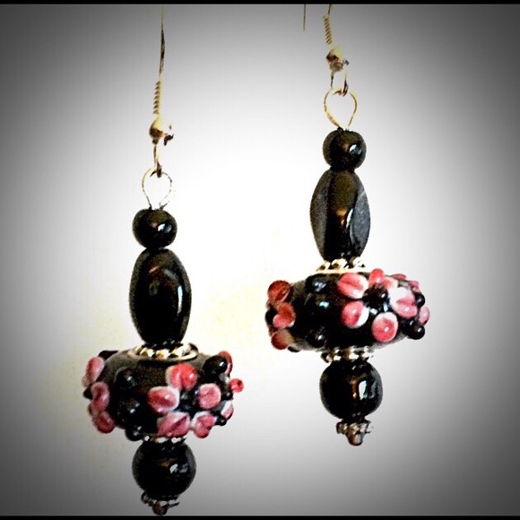 Earrings-Lampwork Black/Pink/Gold - Picture 2 of 4